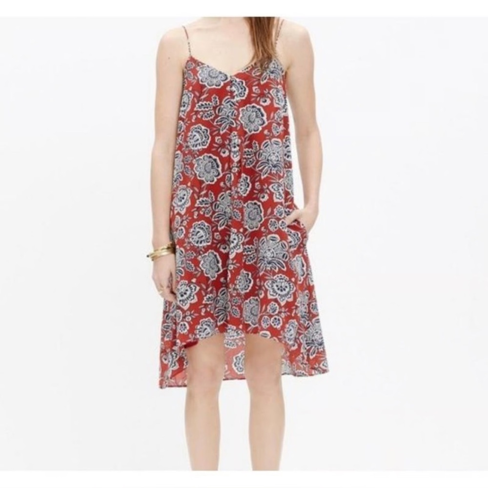 Madewell Trapeze Italian Floral Silk Sleeveless Dress Cami Size XS Red